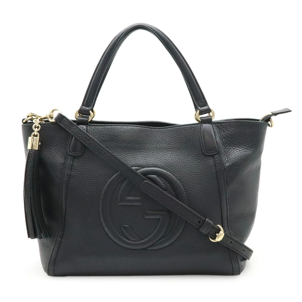 Gucci Soho Interlocking G Tote Bag Shoulder Fringe Tassel Leather Black